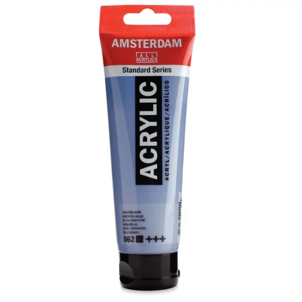 A single tube of Greyish Blue Amsterdam Acrylic Paint 120ml is standing vertically in the center of the frame. The tube is made of a clear plastic and has a red band at the end of the tube with a hole so it can hang. The tube has a black, plastic flip top cap, that the bottle stands on. There is black text on the body of the tube describing the product colour and details. The colour of the paint can be seen through the tube. On a white background.