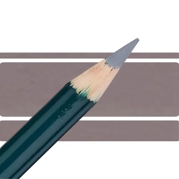 a derwent artists coloured pencil is seen in a close up ciming in from the left habd corner of the image. the tip is facing the right hand side top of the image. in a horizontal line. it has a green hamdle and a wooden end with the coloured tip. there are three horizontal stripes behind it that are the same colour as the nib of the pencil. on a white background