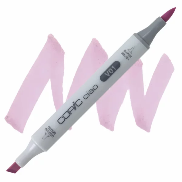 in the center of the image is a single copic marker that is sitting diagonally across the image. from left to right. it has a grey body and both caps are off showing the two different nibs, one brush at the top and the chisel tip at the bottom. it is sitting infront of a squiggle of the same colour as the marker on a white background