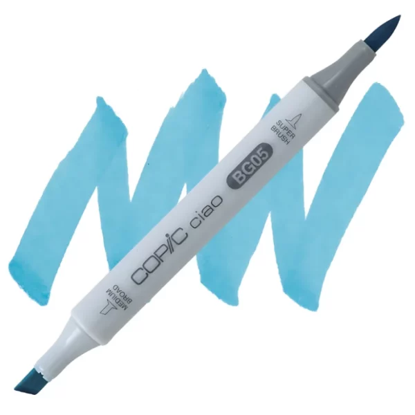 in the center of the image is a single copic marker that is sitting diagonally across the image. from left to right. it has a grey body and both caps are off showing the two different nibs, one brush at the top and the chisel tip at the bottom. it is sitting infront of a squiggle of the same colour as the marker on a white background