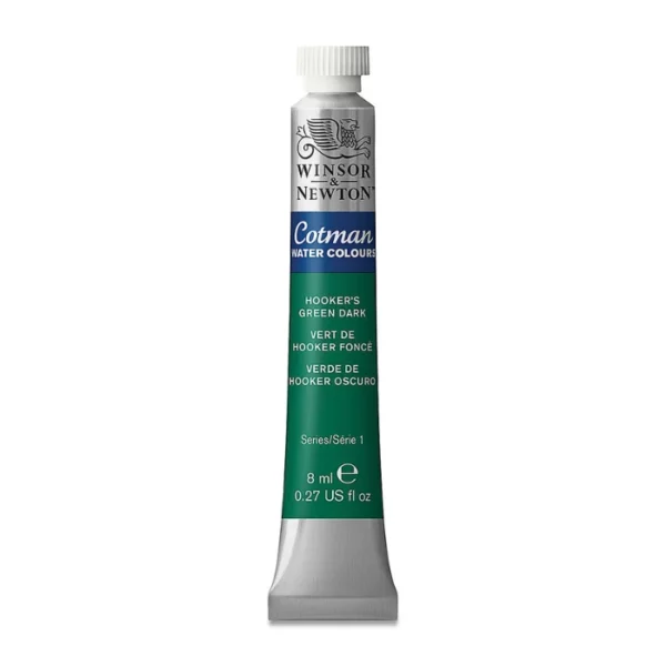 A single Hookers Green Dark Winsor and Newton Cotman Watercolour 8ml Tube is shown vertically in the center of the frame. The tube is silver and the Winsor and Newton logo is printed at the top of the tube. There is a blue band below the logo and the words 'Cotman Watercolour' are printed on the blue band in white. Then there is a large colour band around the base of the tube that denotes the colour of the paint. The tube colour and paint properties are indicated on this colour band in black text. The tube has a white, plastic screw on cap. The image is center of the frame and on a white background.