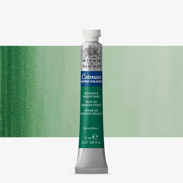 A single Hookers Green Dark Winsor and Newton Cotman Watercolour 8ml Tube is shown vertically in the center of the frame. The tube is silver and the Winsor and Newton logo is printed at the top of the tube. There is a blue band below the logo and the words 'Cotman Watercolour' are printed on the blue band in white. Then there is a large colour band around the base of the tube that denotes the colour of the paint. The tube colour and paint properties are indicated on this colour band in black text. The tube has a white, plastic screw on cap. There is a rectangular colour swatch behind the tube that shows how the colour works on a gradient scale. The entire image is center of the frame and on a white background.