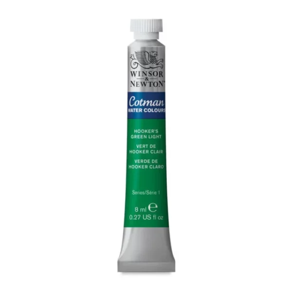 A single Hookers Green Light Winsor and Newton Cotman Watercolour 8ml Tube is shown vertically in the center of the frame. The tube is silver and the Winsor and Newton logo is printed at the top of the tube. There is a blue band below the logo and the words 'Cotman Watercolour' are printed on the blue band in white. Then there is a large colour band around the base of the tube that denotes the colour of the paint. The tube colour and paint properties are indicated on this colour band in black text. The tube has a white, plastic screw on cap. The image is center of the frame and on a white background.