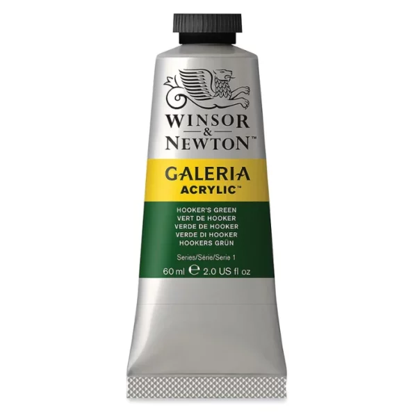 A single tube of Hookers Green Winsor and Newton Galeria Acrylic Paint 60ml is shown in the center of the frame, standing vertically. The tube is a silver colour and has a black, screw on, plastic lid. The Winsor and Newton logo is printed at the top of the tube and there is a yellow band across the tube, under the logo, with the words, 'Galeria Acrylic'. There is a band of colour below that which denotes the colour of the paint in the tube. There is text on this colour band, describing the colour and paint properties. The image is center of the frame and on a white background.