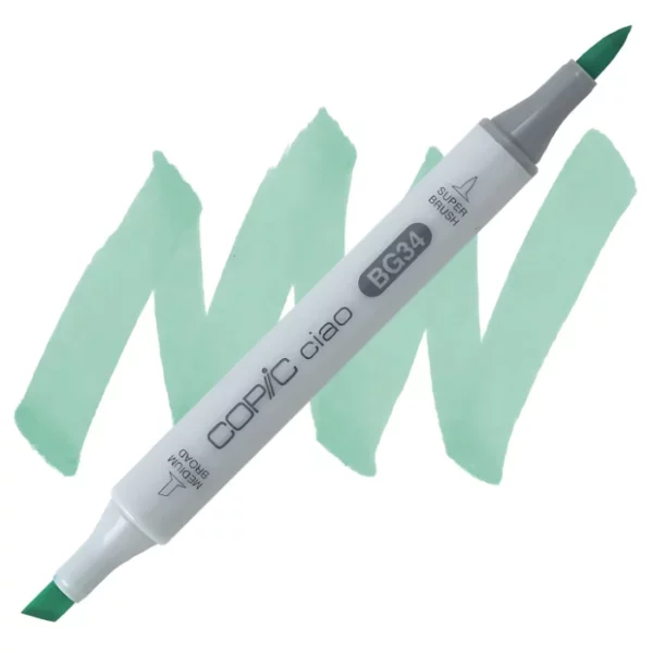 in the center of the image is a single copic marker that is sitting diagonally across the image. from left to right. it has a grey body and both caps are off showing the two different nibs, one brush at the top and the chisel tip at the bottom. it is sitting infront of a squiggle of the same colour as the marker on a white background