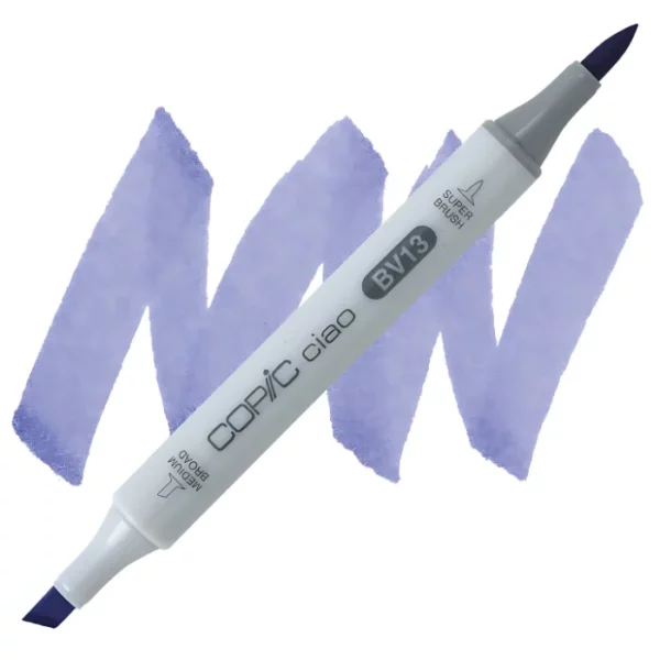 in the center of the image is a single copic marker that is sitting diagonally across the image. from left to right. it has a grey body and both caps are off showing the two different nibs, one brush at the top and the chisel tip at the bottom. it is sitting infront of a squiggle of the same colour as the marker on a white background