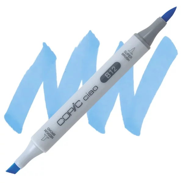 in the center of the image is a single copic marker that is sitting diagonally across the image. from left to right. it has a grey body and both caps are off showing the two different nibs, one brush at the top and the chisel tip at the bottom. it is sitting infront of a squiggle of the same colour as the marker on a white background