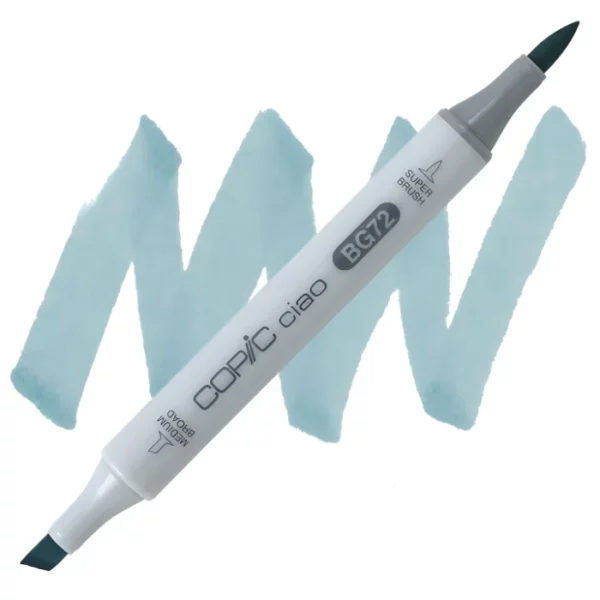 in the center of the image is a single copic marker that is sitting diagonally across the image. from left to right. it has a grey body and both caps are off showing the two different nibs, one brush at the top and the chisel tip at the bottom. it is sitting infront of a squiggle of the same colour as the marker on a white background