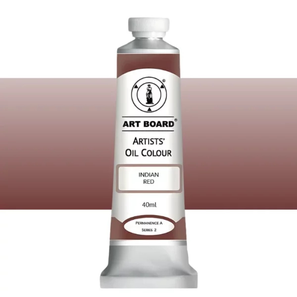 A tube of Indian Red Artboard Oil Paint 40ml is shown standing vertically in the center of the frame. The tube is silver and has a label around the body of the tube. Parts of the label are coloured, to denote the colour of the paint inside the tube. The artboard logo and name are printed at the top of the label and the colour and product details are printed below. The tube has a white plastic, screw on lid. A graded horizontal rectangle is seen in the background, this denotes the colour of the paint inside the tube. On a white background.