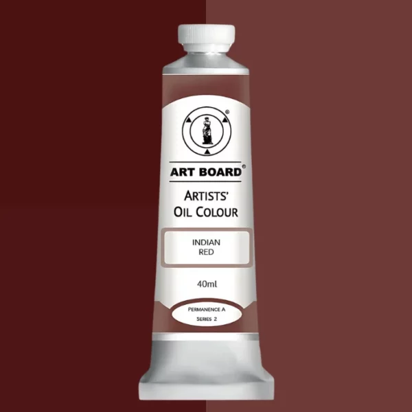 A tube of Indian Red Artboard Oil Paint 40ml is shown standing vertically in the center of the frame. The tube is silver and has a label around the body of the tube. Parts of the label are coloured, to denote the colour of the paint inside the tube. The artboard logo and name are printed at the top of the label and the colour and product details are printed below. The tube has a white plastic, screw on lid. Different shades of the paint colour are shown in the background in blocks, behind the tube.