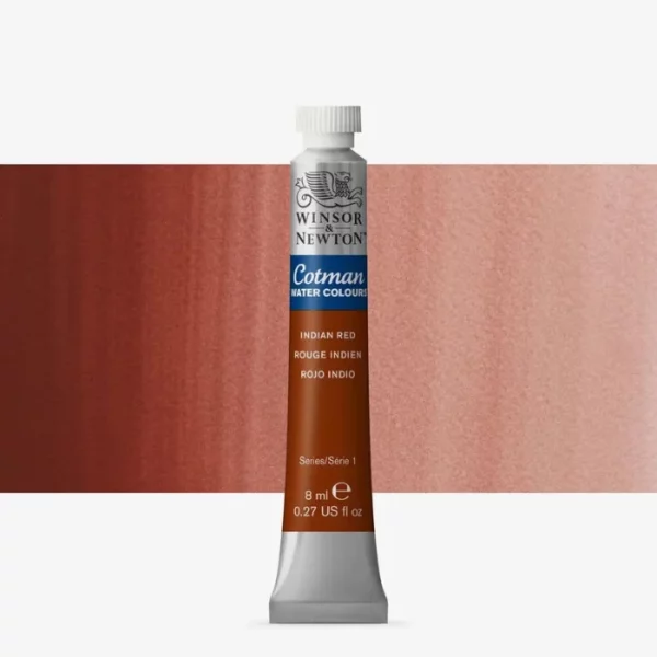 A single Indian Red Winsor and Newton Cotman Watercolour 8ml Tube is shown vertically in the center of the frame. The tube is silver and the Winsor and Newton logo is printed at the top of the tube. There is a blue band below the logo and the words 'Cotman Watercolour' are printed on the blue band in white. Then there is a large colour band around the base of the tube that denotes the colour of the paint. The tube colour and paint properties are indicated on this colour band in black text. The tube has a white, plastic screw on cap. There is a rectangular colour swatch behind the tube that shows how the colour works on a gradient scale. The entire image is center of the frame and on a white background.