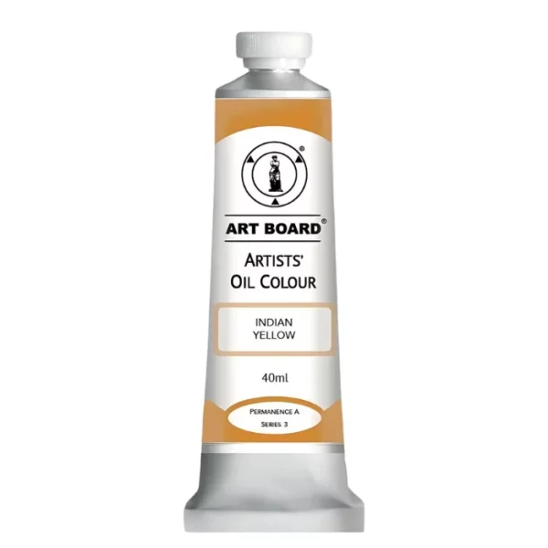 A tube of Indian Yellow Artboard Oil Paint 40ml is shown standing vertically in the center of the frame. The tube is silver and has a label around the body of the tube. Parts of the label are coloured, to denote the colour of the paint inside the tube. The artboard logo and name are printed at the top of the label and the colour and product details are printed below. The tube has a white plastic, screw on lid. On a white background.