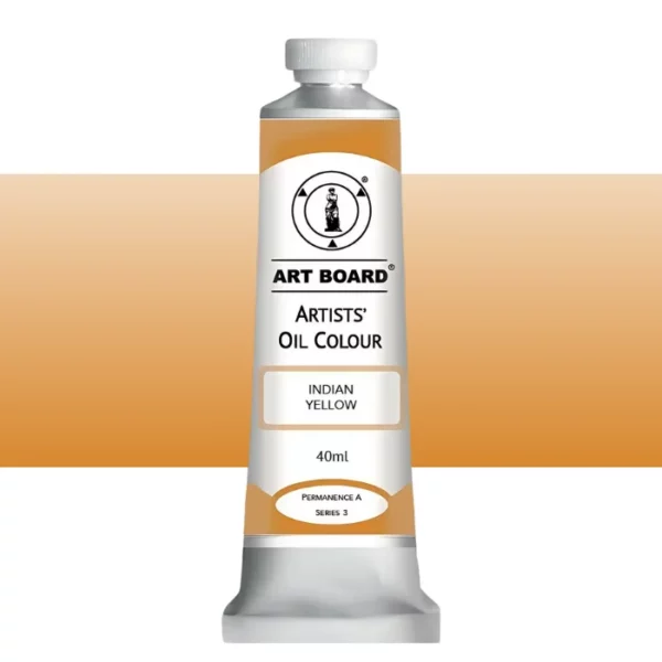 A tube of Indian Yellow Artboard Oil Paint 40ml is shown standing vertically in the center of the frame. The tube is silver and has a label around the body of the tube. Parts of the label are coloured, to denote the colour of the paint inside the tube. The artboard logo and name are printed at the top of the label and the colour and product details are printed below. The tube has a white plastic, screw on lid. A graded horizontal rectangle is seen in the background, this denotes the colour of the paint inside the tube. On a white background.