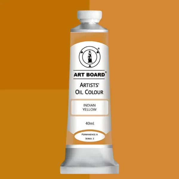 A tube of Indian Yellow Artboard Oil Paint 40ml is shown standing vertically in the center of the frame. The tube is silver and has a label around the body of the tube. Parts of the label are coloured, to denote the colour of the paint inside the tube. The artboard logo and name are printed at the top of the label and the colour and product details are printed below. The tube has a white plastic, screw on lid. Different shades of the paint colour are shown in the background in blocks, behind the tube.