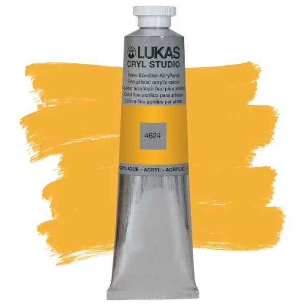 A single tube of Indian Yellow Lukas Cryl STUDIO Acrylics 75ml is shown in the center of the frame, standing vertically. The tube is silver and has a colour band around the body of the tube that denotes the colour of the paint inside. The Lukas name and logo is printed at the top of the tube and there is black text below the logo that describes the paint. The tube has a white plastic, screw on lid. There is a paint swatch in the background that indicates the colour of the paint inside the tube. The image is center of the frame and on a white background.