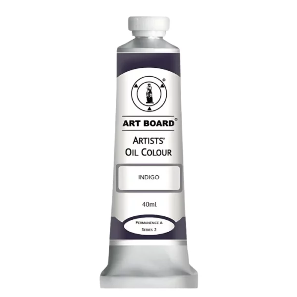 A tube of Indigo Artboard Oil Paint 40ml is shown standing vertically in the center of the frame. The tube is silver and has a label around the body of the tube. Parts of the label are coloured, to denote the colour of the paint inside the tube. The artboard logo and name are printed at the top of the label and the colour and product details are printed below. The tube has a white plastic, screw on lid. On a white background.