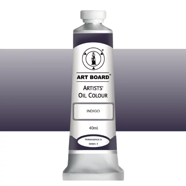 A tube of Indigo Artboard Oil Paint 40ml is shown standing vertically in the center of the frame. The tube is silver and has a label around the body of the tube. Parts of the label are coloured, to denote the colour of the paint inside the tube. The artboard logo and name are printed at the top of the label and the colour and product details are printed below. The tube has a white plastic, screw on lid. A graded horizontal rectangle is seen in the background, this denotes the colour of the paint inside the tube. On a white background.