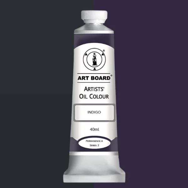 A tube of Indigo Artboard Oil Paint 40ml is shown standing vertically in the center of the frame. The tube is silver and has a label around the body of the tube. Parts of the label are coloured, to denote the colour of the paint inside the tube. The artboard logo and name are printed at the top of the label and the colour and product details are printed below. The tube has a white plastic, screw on lid. Different shades of the paint colour are shown in the background in blocks, behind the tube.