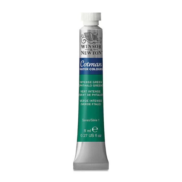 A single Intense Phthalo Green Winsor and Newton Cotman Watercolour 8ml Tube is shown vertically in the center of the frame. The tube is silver and the Winsor and Newton logo is printed at the top of the tube. There is a blue band below the logo and the words 'Cotman Watercolour' are printed on the blue band in white. Then there is a large colour band around the base of the tube that denotes the colour of the paint. The tube colour and paint properties are indicated on this colour band in black text. The tube has a white, plastic screw on cap. The image is center of the frame and on a white background.