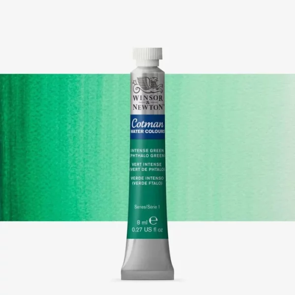 A single Intense Phthalo Green Winsor and Newton Cotman Watercolour 8ml Tube is shown vertically in the center of the frame. The tube is silver and the Winsor and Newton logo is printed at the top of the tube. There is a blue band below the logo and the words 'Cotman Watercolour' are printed on the blue band in white. Then there is a large colour band around the base of the tube that denotes the colour of the paint. The tube colour and paint properties are indicated on this colour band in black text. The tube has a white, plastic screw on cap. There is a rectangular colour swatch behind the tube that shows how the colour works on a gradient scale. The entire image is center of the frame and on a white background.