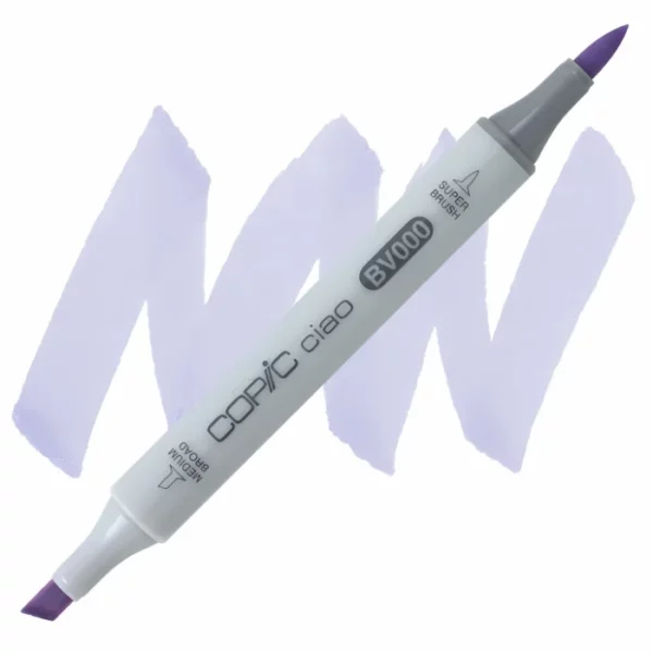 in the center of the image is a single copic marker that is sitting diagonally across the image. from left to right. it has a grey body and both caps are off showing the two different nibs, one brush at the top and the chisel tip at the bottom. it is sitting infront of a squiggle of the same colour as the marker on a white background