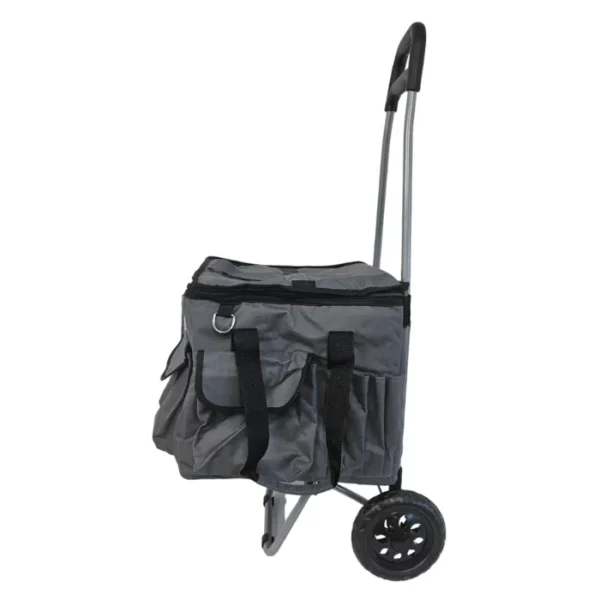 The Iris Art Material Storage Trolley is shown from a side profile, in the center of the frame. The trolley is made of a dark grey fabric and has a pulley handle and two round, plastic wheels. The trolley body is square in shape and has multiple compartments and a zip that secures the products inside. The image is center of the frame and on a white background.