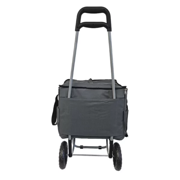 The Iris Art Material Storage Trolley is shown from a back of the trolley, in the center of the frame. The trolley is made of a dark grey fabric and has a pulley handle and two round, plastic wheels. The trolley body is square in shape and has multiple compartments and a zip that secures the products inside. The image is center of the frame and on a white background.