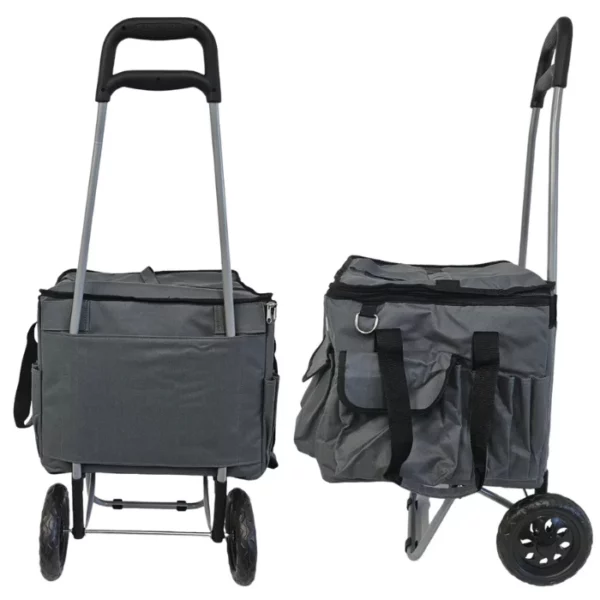 The Iris Art Material Storage Trolley is shown from a side profile, along the right hand side of the frame, and from the back, along the left hand side of the frame. The trolley is made of a dark grey fabric and has a pulley handle and two round, plastic wheels. The trolley body is square in shape and has multiple compartments and a zip that secures the products inside. The image is center of the frame and on a white background.