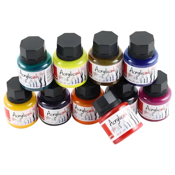 10 bottles of Isomars Acrylic Ink are shown in the frame. They are randomly placed, horizontally, across the center of the frame. The bottles are clear with a black plastic, screw on lid. There is a printed label around the body of each bottle with the Isomars logo on it.