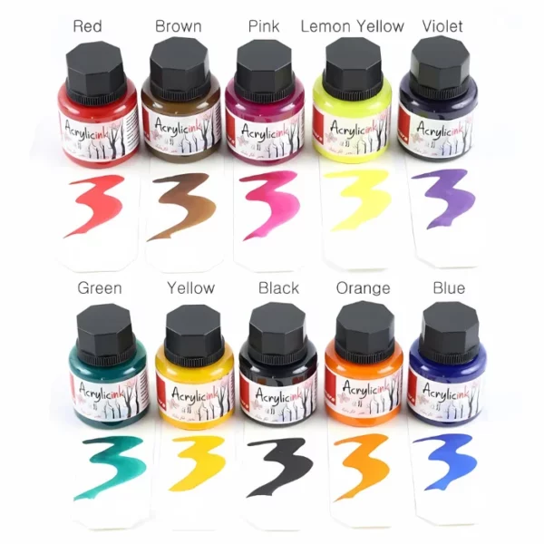 There are 10 bottles of Isomars Acrylic Ink shown in 2 rows. Below each bottle is a swatch of the ink. Each bottle contains a different colour ink. The bottles are clear and have black, plastic, screw on lids. There is a printed label around the body of each bottle. The name of the colour is written on top of each bottle. On a white background.