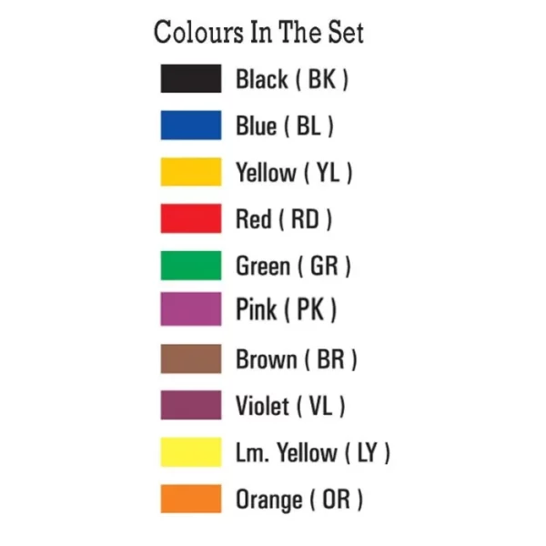 A colour chart for Isomars Acrylic Ink. There are 10 rectangular colour blocks with the colours written next to each block. These are shown in the center of the frame, one below the other. On a white background.