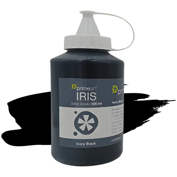 A single bottle of Ivory Black IIris Acrylic Paint 500ml is shown vertically in the center of the frame. The bottle is a clear plastic bottle with a white plastic flip top lid that is hinged to the bottle. There is a label around the body of the bottle that is printed with the Prime Art logo, the product name and details. The image is center of the frame and there is a paint swatch colour behind the bottle that indicates the colour of the paint. On a white background.