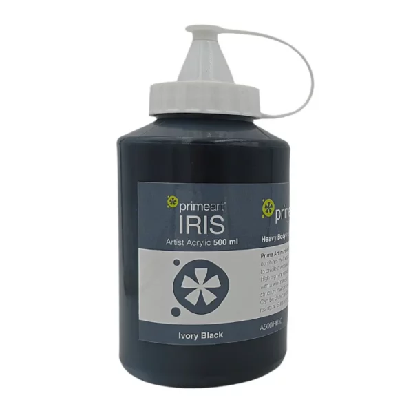 A single bottle of Ivory Black Iris Acrylic Paint 500ml is shown vertically in the center of the frame. The bottle is a clear plastic bottle with a white plastic flip top lid that is hinged to the bottle. There is a label around the body of the bottle that is printed with the Prime Art logo, the product name and details. The image is center of the frame and on a white background.