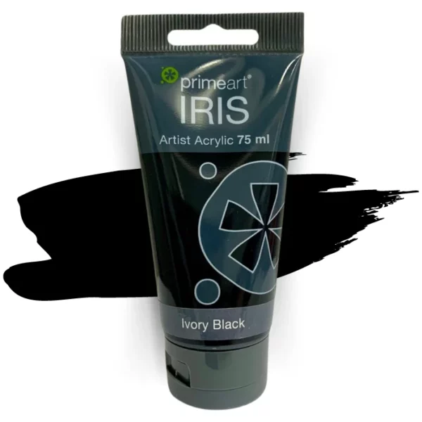 A single tube of Ivory Black Prime Art Iris Acrylic Paint 75ml is shown in the frame. The tube is a clear plastic with a black printed band at the top of each tube that has the Prime Art Iris Logo printed on it. The tube has a black flip cap that the tube stands on. You can see the colour of the paint through the tube. On a white background.