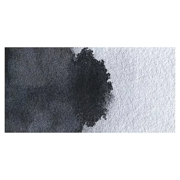 A rectangular colour swatch of Ivory Black Winsor and Newton Cotman Watercolour Paint is shown across the center of the frame. The colour swatch shows the tube colour in three gradients from left to right. On a white background.