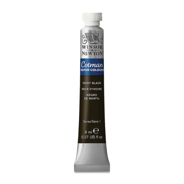 A single Ivory Black Winsor and Newton Cotman Watercolour 8ml Tube is shown vertically in the center of the frame. The tube is silver and the Winsor and Newton logo is printed at the top of the tube. There is a blue band below the logo and the words 'Cotman Watercolour' are printed on the blue band in white. Then there is a large colour band around the base of the tube that denotes the colour of the paint. The tube colour and paint properties are indicated on this colour band in black text. The tube has a white, plastic screw on cap. The image is center of the frame and on a white background.