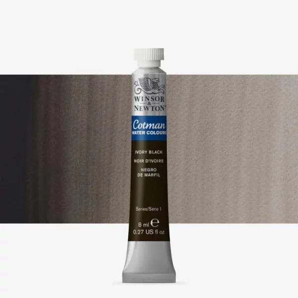 A single Ivory Black Winsor and Newton Cotman Watercolour 8ml Tube is shown vertically in the center of the frame. The tube is silver and the Winsor and Newton logo is printed at the top of the tube. There is a blue band below the logo and the words 'Cotman Watercolour' are printed on the blue band in white. Then there is a large colour band around the base of the tube that denotes the colour of the paint. The tube colour and paint properties are indicated on this colour band in black text. The tube has a white, plastic screw on cap. There is a rectangular colour swatch behind the tube that shows how the colour works on a gradient scale. The entire image is center of the frame and on a white background.