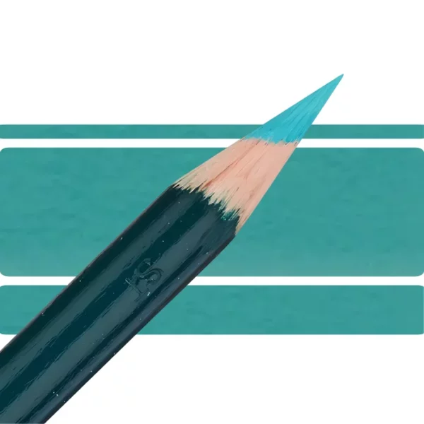 a derwent artists coloured pencil is seen in a close up ciming in from the left habd corner of the image. the tip is facing the right hand side top of the image. in a horizontal line. it has a green hamdle and a wooden end with the coloured tip. there are three horizontal stripes behind it that are the same colour as the nib of the pencil. on a white background