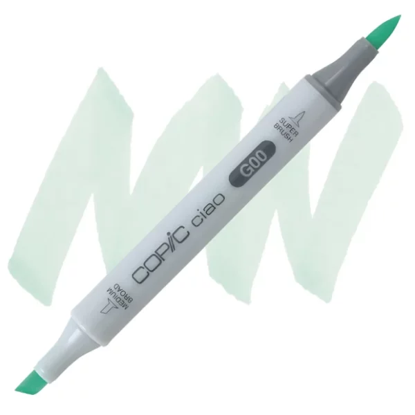 in the center of the image is a single copic marker that is sitting diagonally across the image. from left to right. it has a grey body and both caps are off showing the two different nibs, one brush at the top and the chisel tip at the bottom. it is sitting infront of a squiggle of the same colour as the marker on a white background