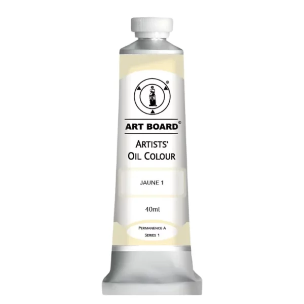 A tube of Jaune 1 Artboard Oil Paint 40ml is shown standing vertically in the center of the frame. The tube is silver and has a label around the body of the tube. Parts of the label are coloured, to denote the colour of the paint inside the tube. The artboard logo and name are printed at the top of the label and the colour and product details are printed below. The tube has a white plastic, screw on lid. On a white background.