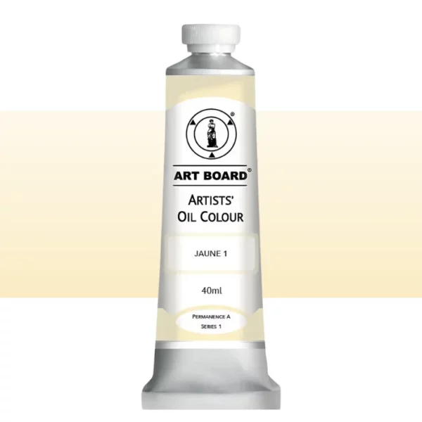 A tube of Jaune 1 Artboard Oil Paint 40ml is shown standing vertically in the center of the frame. The tube is silver and has a label around the body of the tube. Parts of the label are coloured, to denote the colour of the paint inside the tube. The artboard logo and name are printed at the top of the label and the colour and product details are printed below. The tube has a white plastic, screw on lid. A graded horizontal rectangle is seen in the background, this denotes the colour of the paint inside the tube. On a white background.