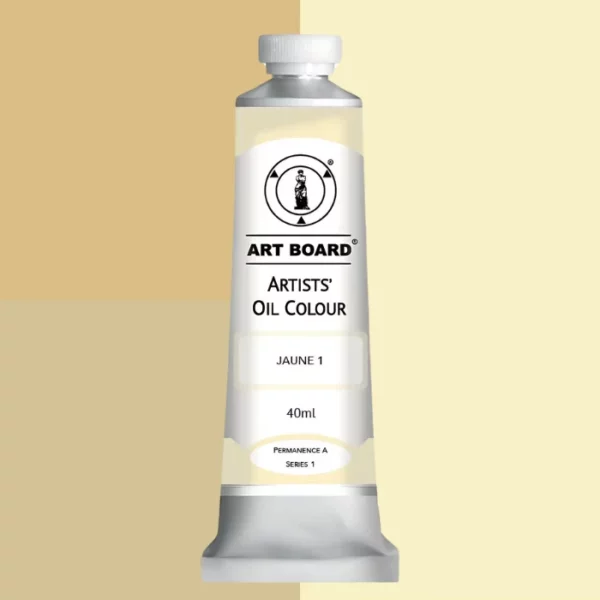 A tube of Jaune 1 Artboard Oil Paint 40ml is shown standing vertically in the center of the frame. The tube is silver and has a label around the body of the tube. Parts of the label are coloured, to denote the colour of the paint inside the tube. The artboard logo and name are printed at the top of the label and the colour and product details are printed below. The tube has a white plastic, screw on lid. Different shades of the paint colour are shown in the background in blocks, behind the tube.