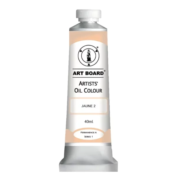 A tube of Jaune 2 Artboard Oil Paint 40ml is shown standing vertically in the center of the frame. The tube is silver and has a label around the body of the tube. Parts of the label are coloured, to denote the colour of the paint inside the tube. The artboard logo and name are printed at the top of the label and the colour and product details are printed below. The tube has a white plastic, screw on lid. On a white background.