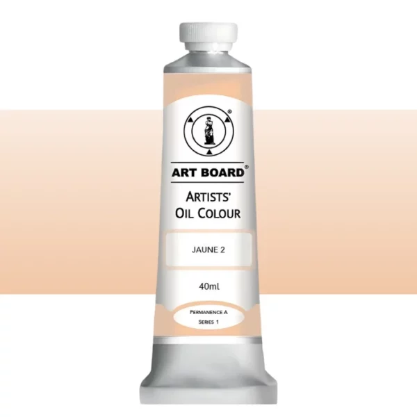 A tube of Jaune 2 Artboard Oil Paint 40ml is shown standing vertically in the center of the frame. The tube is silver and has a label around the body of the tube. Parts of the label are coloured, to denote the colour of the paint inside the tube. The artboard logo and name are printed at the top of the label and the colour and product details are printed below. The tube has a white plastic, screw on lid. A graded horizontal rectangle is seen in the background, this denotes the colour of the paint inside the tube. On a white background.