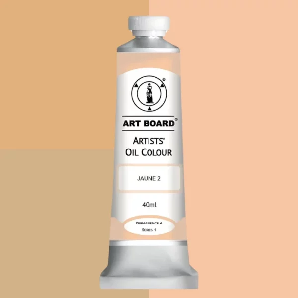 A tube of Jaune 2 Artboard Oil Paint 40ml is shown standing vertically in the center of the frame. The tube is silver and has a label around the body of the tube. Parts of the label are coloured, to denote the colour of the paint inside the tube. The artboard logo and name are printed at the top of the label and the colour and product details are printed below. The tube has a white plastic, screw on lid. Different shades of the paint colour are shown in the background in blocks, behind the tube.