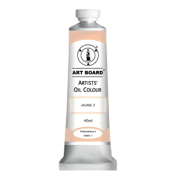 A tube of Jaune 3 Artboard Oil Paint 40ml is shown standing vertically in the center of the frame. The tube is silver and has a label around the body of the tube. Parts of the label are coloured, to denote the colour of the paint inside the tube. The artboard logo and name are printed at the top of the label and the colour and product details are printed below. The tube has a white plastic, screw on lid. On a white background.