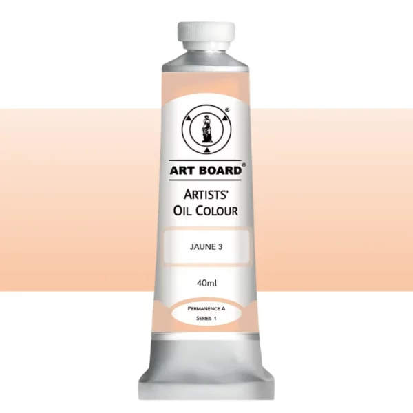 A tube of Jaune 3 Artboard Oil Paint 40ml is shown standing vertically in the center of the frame. The tube is silver and has a label around the body of the tube. Parts of the label are coloured, to denote the colour of the paint inside the tube. The artboard logo and name are printed at the top of the label and the colour and product details are printed below. The tube has a white plastic, screw on lid. A graded horizontal rectangle is seen in the background, this denotes the colour of the paint inside the tube. On a white background.