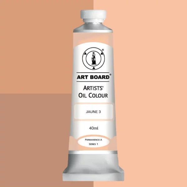 A tube of Jaune 3 Artboard Oil Paint 40ml is shown standing vertically in the center of the frame. The tube is silver and has a label around the body of the tube. Parts of the label are coloured, to denote the colour of the paint inside the tube. The artboard logo and name are printed at the top of the label and the colour and product details are printed below. The tube has a white plastic, screw on lid. Different shades of the paint colour are shown in the background in blocks, behind the tube.