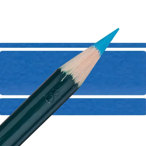 a derwent artists coloured pencil is seen in a close up ciming in from the left habd corner of the image. the tip is facing the right hand side top of the image. in a horizontal line. it has a green hamdle and a wooden end with the coloured tip. there are three horizontal stripes behind it that are the same colour as the nib of the pencil. on a white background