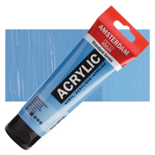 A single tube of Kings Blue Amsterdam Acrylic Paint 120ml is shown diagonally across the center of the frame. The tube is made of a clear plastic and has a red band at the end of the tube with a hole so it can hang. The tube has a black, plastic flip top cap, that the bottle stands on. There is black text on the body of the tube describing the product colour and details. The colour of the paint can be seen through the tube. There is a rectangular colour swatch of the paint, behind the tube. The swatch shows the colour in different gradient's. The image is center of the frame and on a white background.